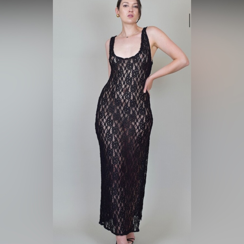 Vintage y2k Victoria's Secret Black Stretch Lace Sleeveless Sheath Dress - 80s